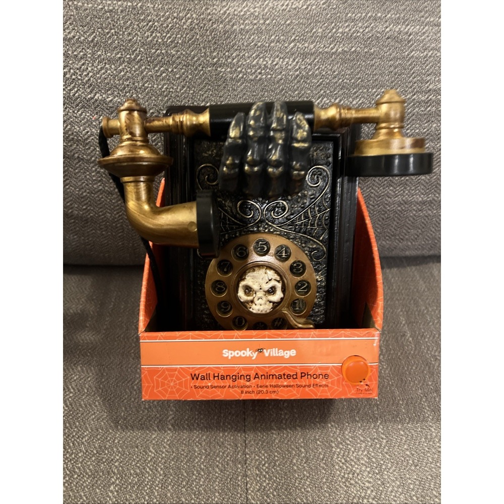 SPOOKY VILLAGE LED ANIMATED PHONE w/ SKULL - HALLOWEEN MOTION SOUND ACTIVATED